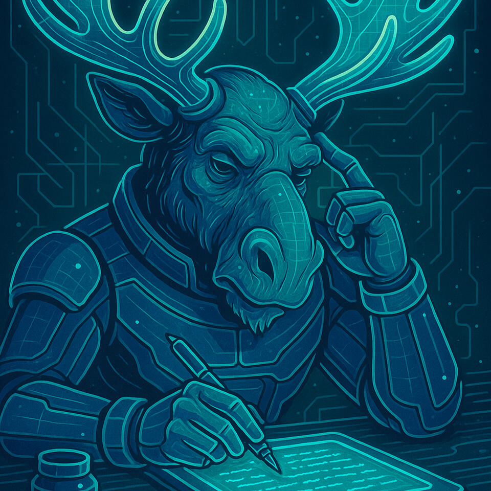 Swedish Drophipper mascot Image featuring a digital moose with pen in hand
